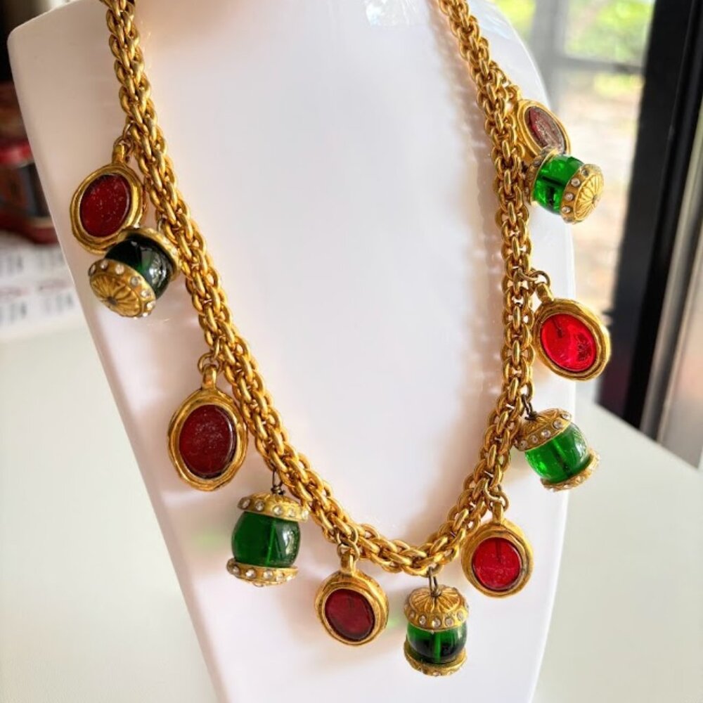 Vintage Chanel Gripoix Necklace Red Green Poured Glass Byzantine Gold Chain 80s